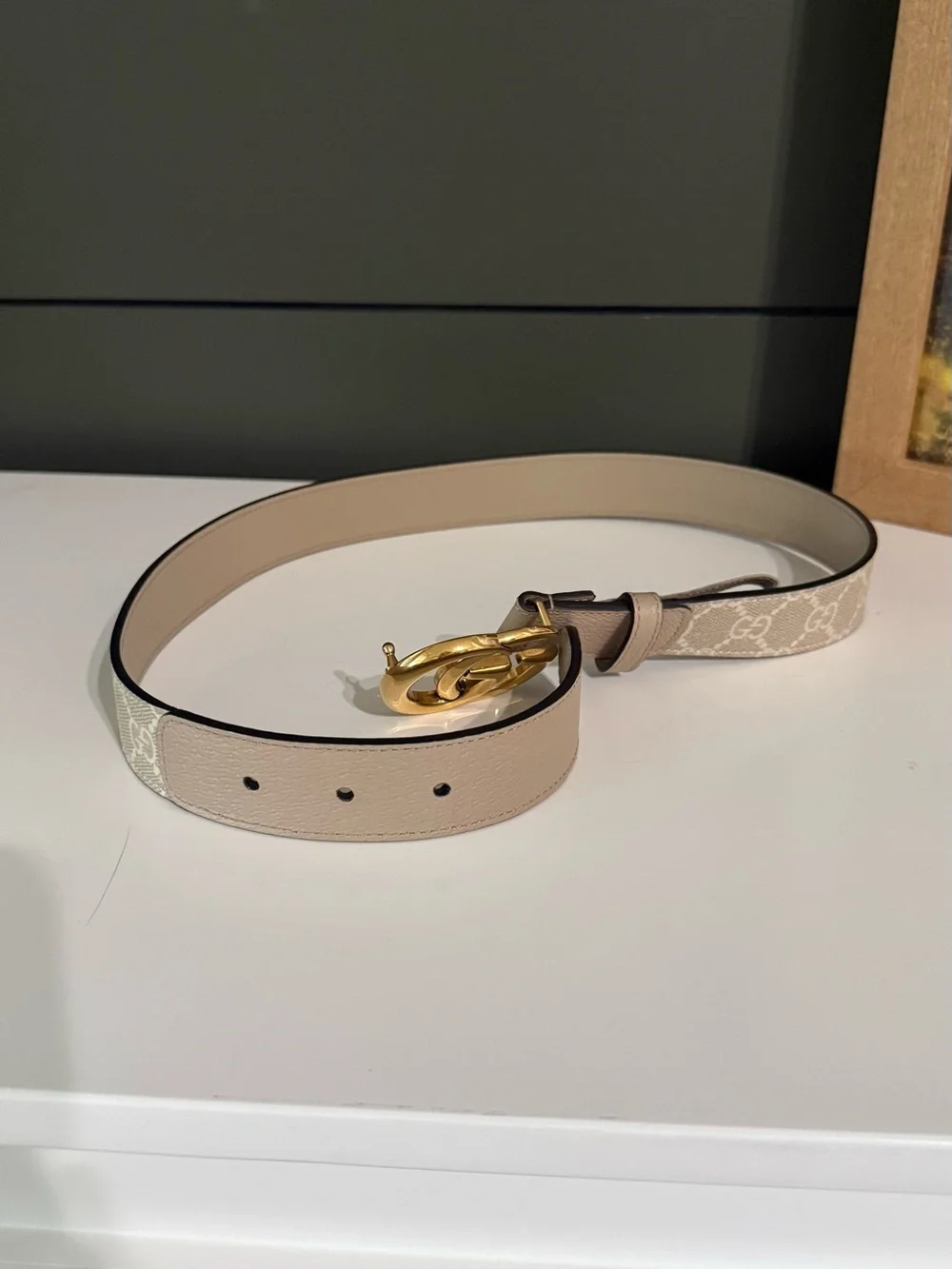 Gucci Beige GG Canvas Belt with Gold Double G Buckle